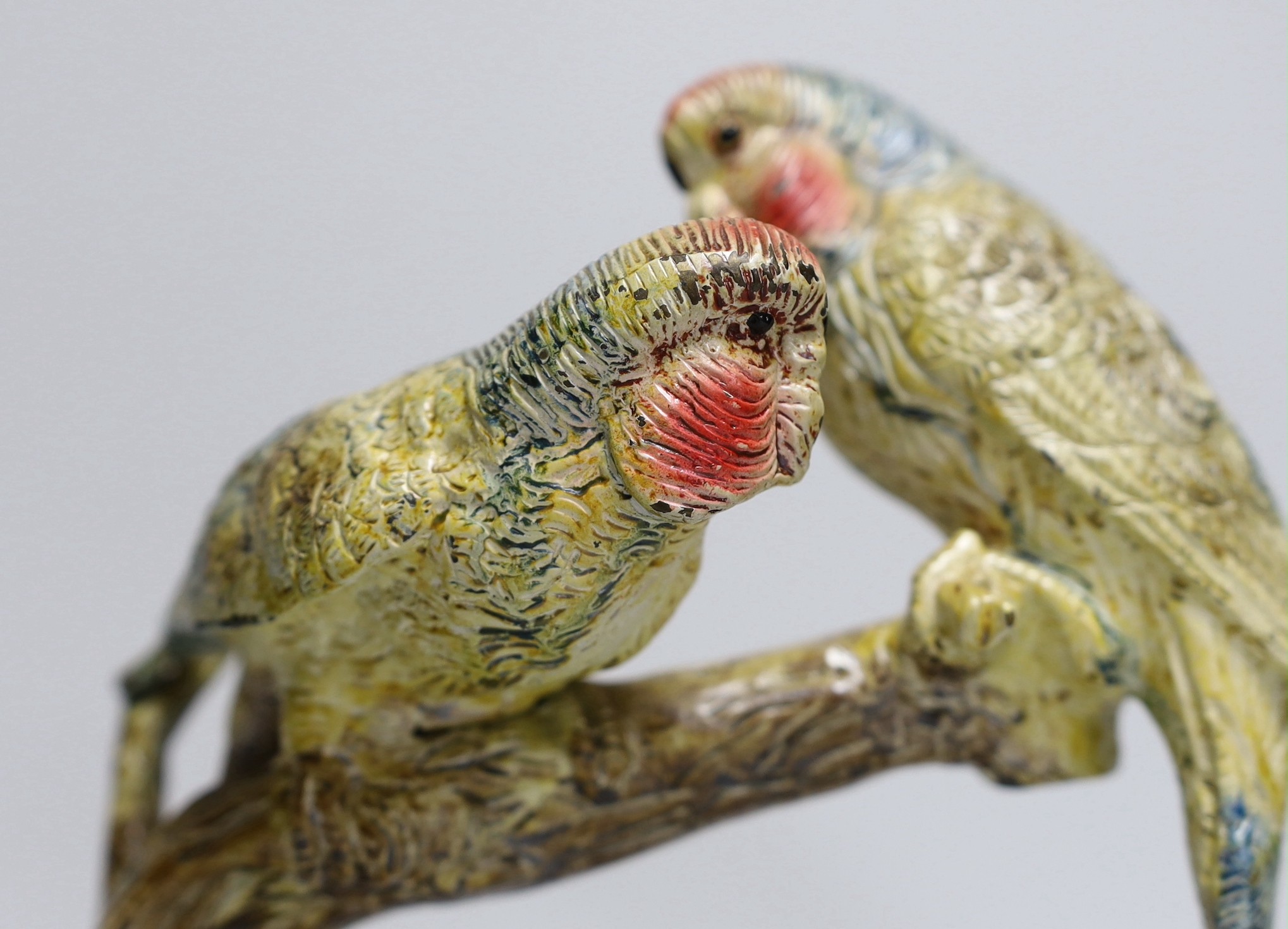 A Bergman style cold painted bronze budgerigar group, 25cm